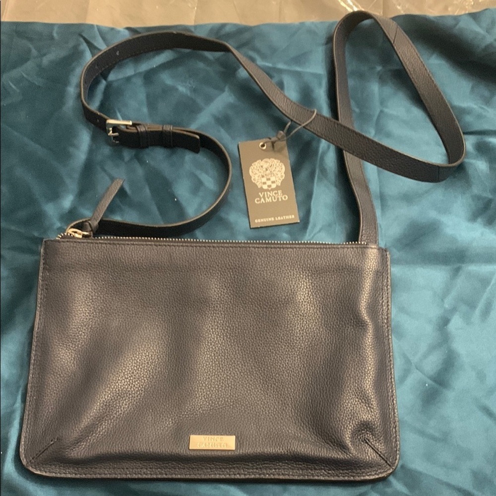 Navy Leather VINCE CAMUTO Crossbody Bag 2 sides, NWT, Silver Hardware